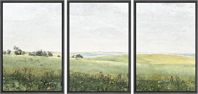 SIGNWIN Framed Canvas Print Wall Art Set Green Pasture Countryside Flower Field Nature Abstract Illustrations Modern Art Decorative Nordic Rustic for Living Room, Bedroom, Office - 24"x36"x3 Black