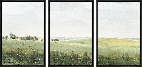 SIGNWIN Framed Canvas Print Wall Art Set Green Pasture Countryside Flower Field Nature Abstract Illustrations Modern Art Decorative Nordic Rustic for Living Room, Bedroom, Office - 24"x36"x3 Black