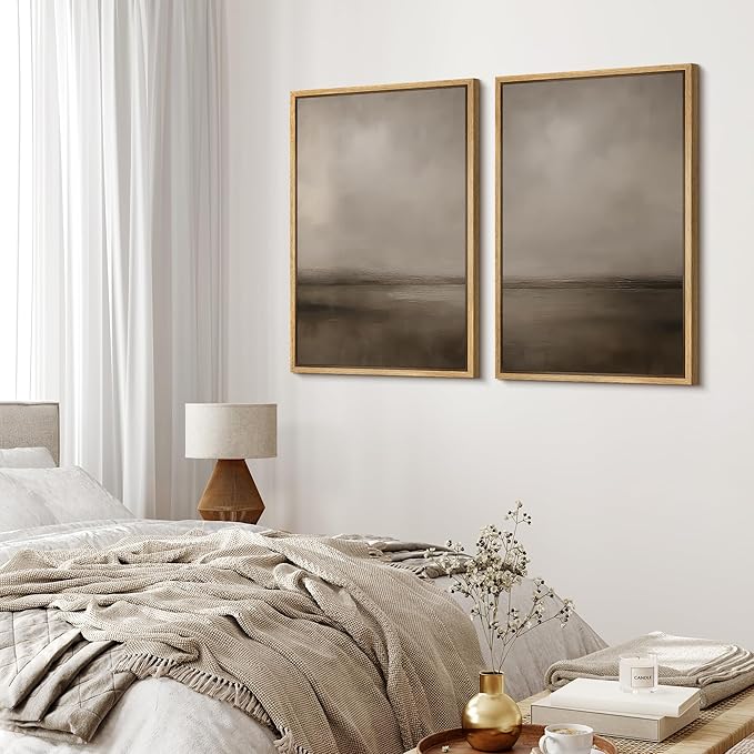 MUDECOR Framed Canvas Print Wall Art Abstract Brown and Taupe Modern Minimalist Misty Landscape Illustrations Modern Art Decorative Bohemian for Living Room, Bedroom, Office - 24"x36"x2 Natural