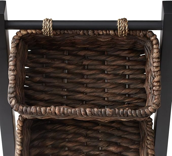 Casafield 3-Tier Floor Stand with Water Hyacinth Storage Baskets, Black/Espresso - Standing Organizer Rack for Bathroom, Kitchen, Laundry, Living Room