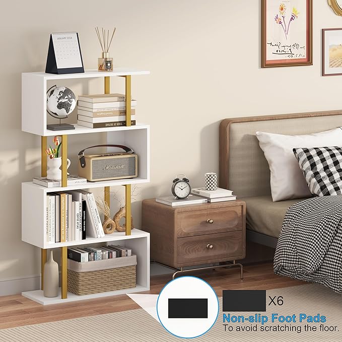 Yusong Geometric Bookcase, S Shaped Bookshelf 4-Tier Book Shelves for Bedroom, Modern Wood Decorative Display Shelf Tall Book Case for Home Office, Gold and White