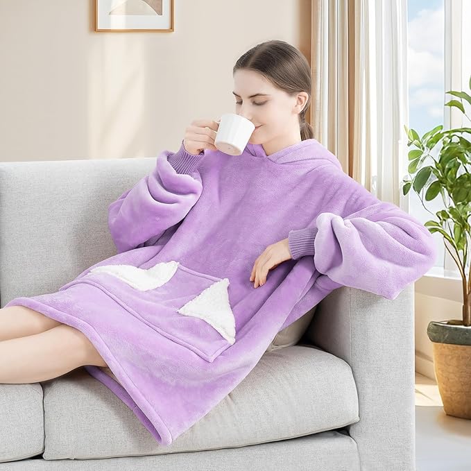 Touchat Wearable Blanket Hoodie, Oversized Sherpa Blanket Sweatshirt with Hood Pocket and Sleeves, Super Soft Warm Plush Hooded Blanket for Adult Women Men (Purple)