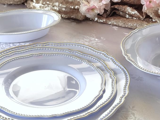 " OCCASIONS " 240 Plates Pack,(120 Guests) Heavyweight Premium Disposable Plastic Plates Set -120 x 10.25'' Dinner + 120 x 7.5'' Salad/Dessert (Rochelle Blue and Gold)