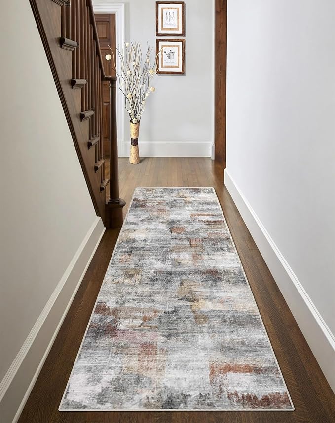 vivorug Runner Rug 2'x7' Machine Washable Non-Slip Runners for Hallways Kitchen Entryway Laundry Room Modern Abstract Carpet Hallway Runner Grey/Rust
