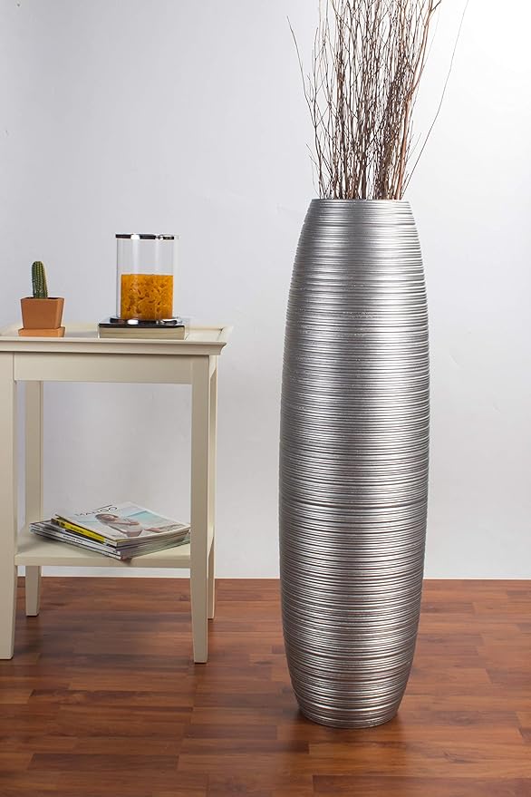 Leewadee Large Silver Home Decor Floor Vase – Wooden 34 inches Tall Farmhouse Decor Flower Holder for Fake Plant and Pampas Grass