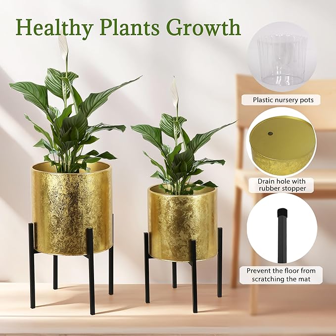 ARNIS Modern Plant Pots, Set of 2 Large Planters with Stand, Decorative Planters, Metal Pots with Drainage Holes for Living Room, Office, Garden or Balcony, 10.5 &12.55 Inch, Gold