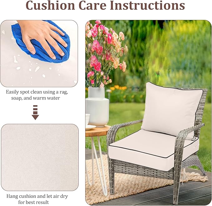 Waterproof Outdoor Chair Cushion Set of 4, 24x24x5 IN Deep Seat Patio Cushions with Fade Resistant Removable Cover,Outdoor Cushions for Patio Furniture w/ Ties&Handle for Chair Sofa Couch,Cream+Pipes