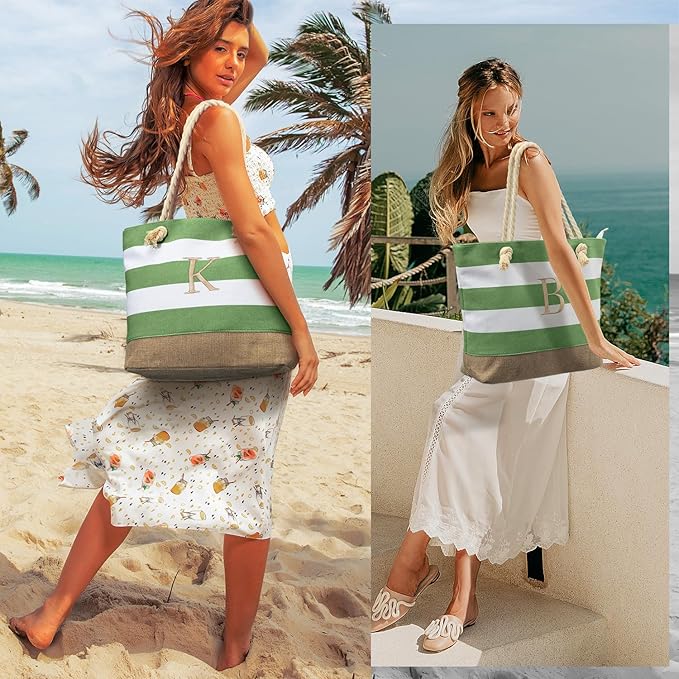 YOOLIFE Initial Canvas Waterproof Beach Tote Bag Zipper Personalized Gifts for Women Her Birthday Travel Beach Essential