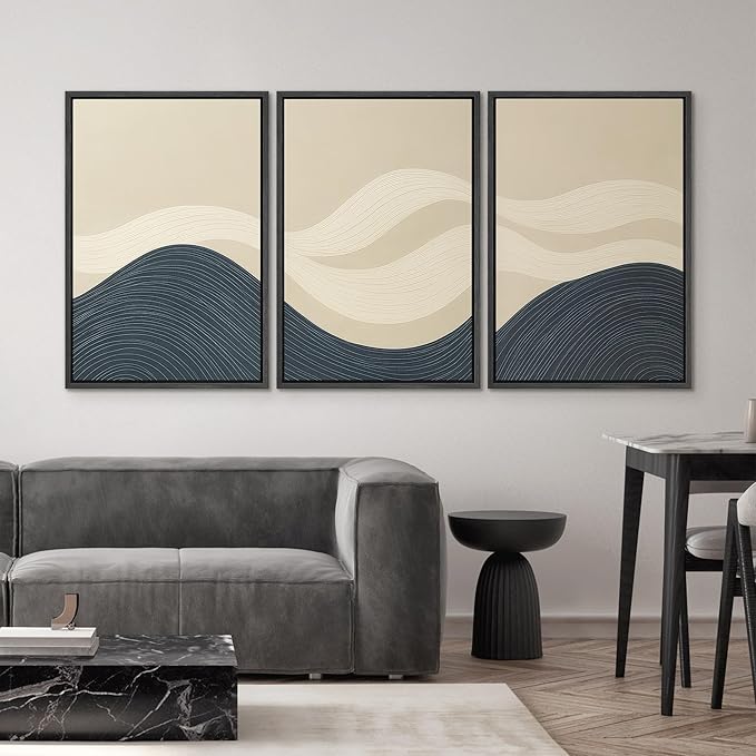 SIGNWIN Framed Wall Art Print Set Minimalist Blue and Beige Wave Modern Abstract Photography Modern Art Minimalist Closeup Dramatic for Living Room, Bedroom, Offic - 24"x36"x3 BLACK