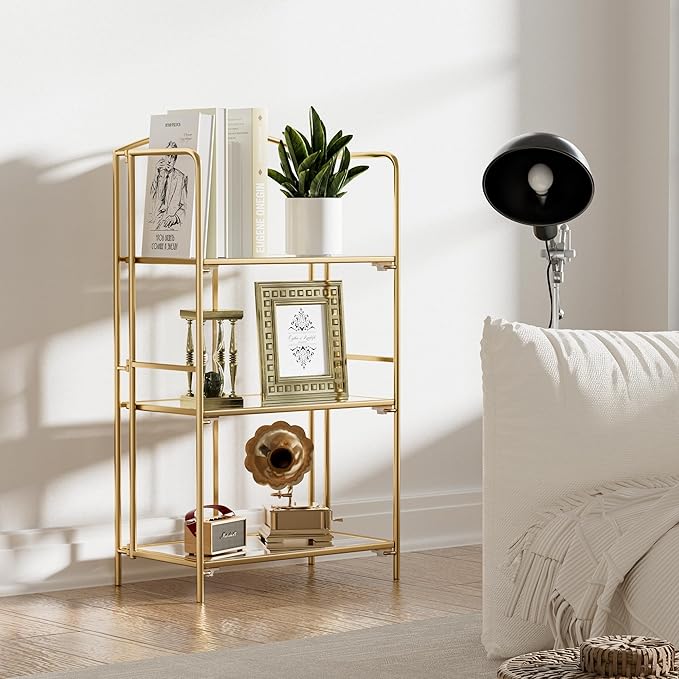 Crofy No Assembly Folding Bookshelf for Living Room, 3 Tier Gold Collapsible Book Shelf for Home Office, Portable Bookcase Storage Organizer