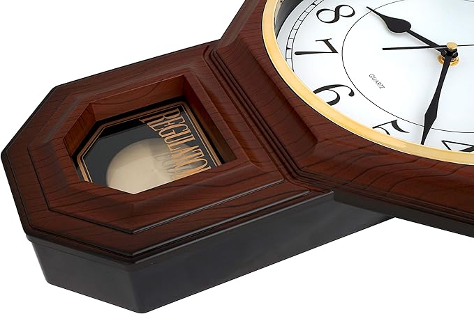 JUSTIME Traditional Schoolhouse Easy to Read Regulator Wall Clock, Chiming Wall Clocks with Pendulum & Westminster Chime Hourly, Schoolhouse Wall Decor Battery Operated (Dark Wood Grain)