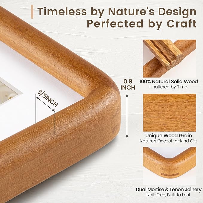 11x14 Picture Frame, Solid Teak Wood Frame with Real Glass, Hard Wood 11 by 14 Photo Frame for Wall & Tabletop Display, 11x14 Picture Frame Matted to 8x10, Natural Teak Color