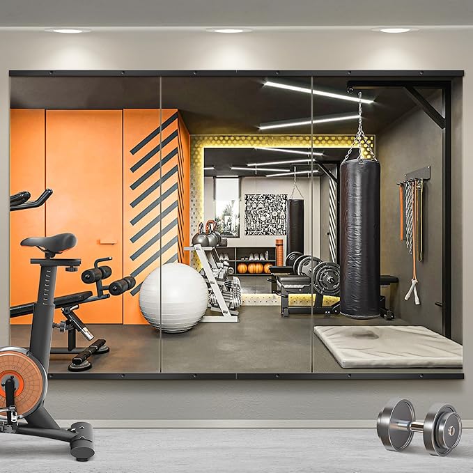 Home Gym Mirror for Wall,Mirror Full Length,48x24x3PCS,Glass Frameless Body Large Mirror for Home Gym,Workout,Bedroom,Garage(Black)