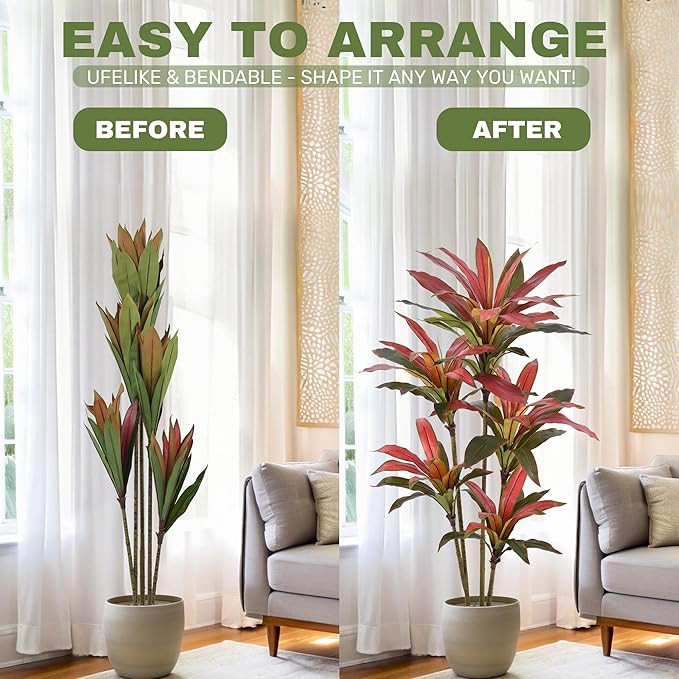Artificial Dracaena Tree 5ft(60in) Tall Large Faux Silk Plants with Realistic Trunks and Red Leaves, Fake Floor Potted Artificial Plants for Home Office Indoor Decor (5feet,1Pack)