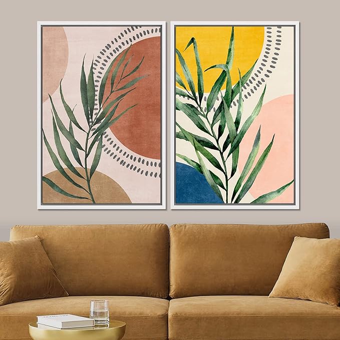 SIGNFORD Framed Canvas Print Wall Art Set Geometric Mid-Century Circle Plants Abstract Shapes Illustrations Modern Art Decorative Zen Bohemian for Living Room, Bedroom, Office - 24"x36"x2 White