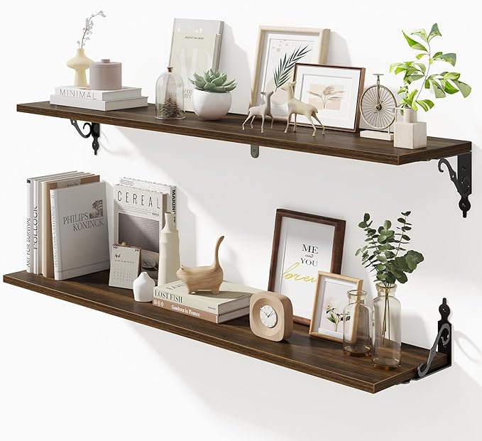 Fun Memories 40 Inch Floating Shelves Wall Mounted, 8 Inch Deep Wall Shelves with Bracket, Rustic Hanging Bookshelf, 40" Bookshelves for for Living Room, Kitchen and Bedroom, Walnut, Set of 2