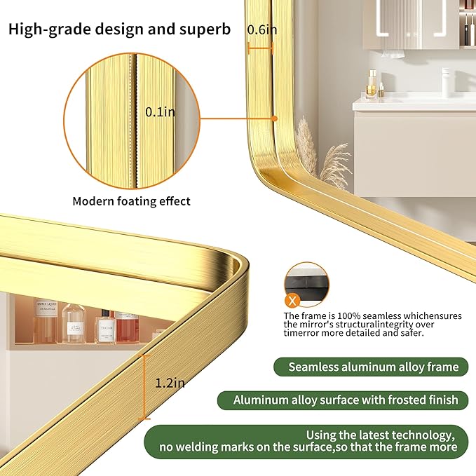 26X34 Inch Gold Metal Framed Bathroom Mirror for Wall, Gold Rounded Rectangle Mirror, Brushed Gold Bathroom Vanity Mirror Farmhouse, Anti-Rust, Tempered Glass, Hangs Horizontally or Vertically