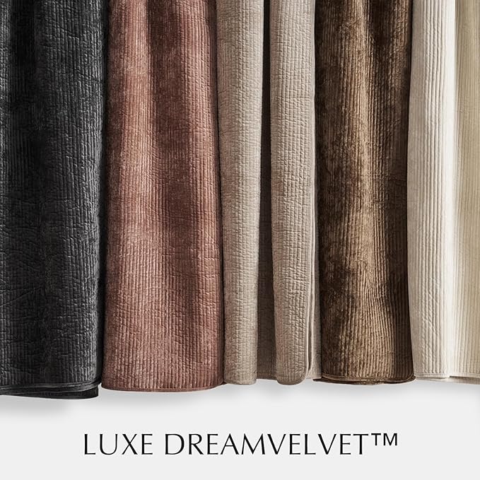 EVERGRACE Velvet Quilt Set King Size, Luxurious Soft Quilted Bedding Sets, Lightweight Velvet Comforter for All Season, Striped Channel Bedspread Coverlet with 2 Shams, Mushroom Brown