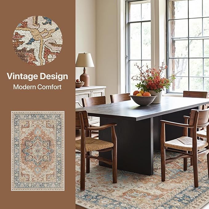 GENIMO 6X9 Area Rugs for Living Room, Machine Washable Vintage Floor Cover Foldable Modern Non Slip Rug, Low Pile Soft Indoor Carpet Floral Print Mat Rug,Bedroom/Dining Room/Home Office,Terracotta