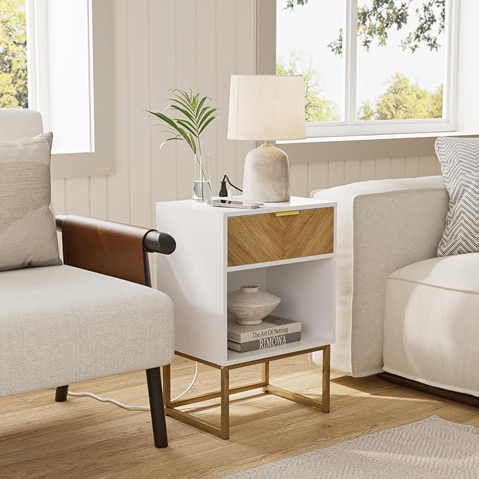 Masupu Nightstand with Charging Station,Modern Night Stand Boho Farmhouse Wood Bedside Table with Storage Drawer Side End Table for Bedroom,Living Room,Office,White with Outlet