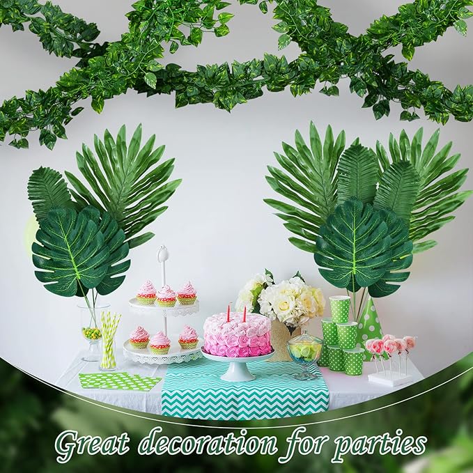 XunYee 24 Strands 165 ft Artificial Vines with Leaves Tropical Leaf Garland and 6 Style Fake Monstera Palm Leaves Decoration Faux Ivy Vines Bulk for Jungle Safari Baby Shower Plant Party Decoration