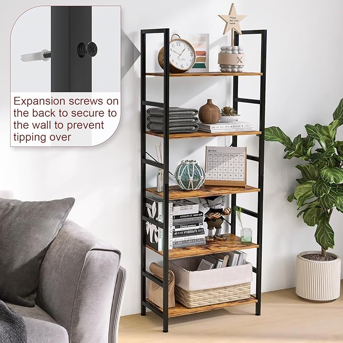 5 Tier Bookshelf Industrial Ladder Shelf Open Display Storage Rack Wood Bookcase with Metal Frame, Freestanding Storage Shelves for Home Office, Living Room, Bedroom, Kitchen (Rust Brown)