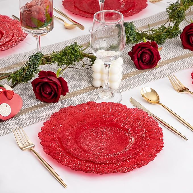 U-QE 60PCS Clear and Red Plastic Plates - Reef Plastic Plates Disposable&Reusable - Clear Red Plates Including 30 Plastic Dinner Plates 10" & 30 Plastic Dessert Plates 7" Perfect for Party & Wedding