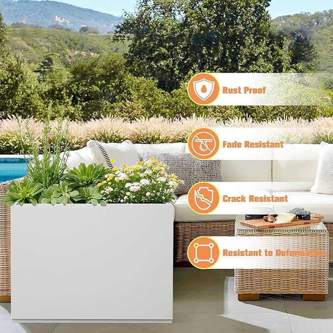 Large Rectangle Planter Metal White Planter Box with a Drainage Hole and a Removable Divider Indoor Outdoor Porch Pots for Tall Plants, Trees, Flowers 35.43" x 9.06" x 25.59" White