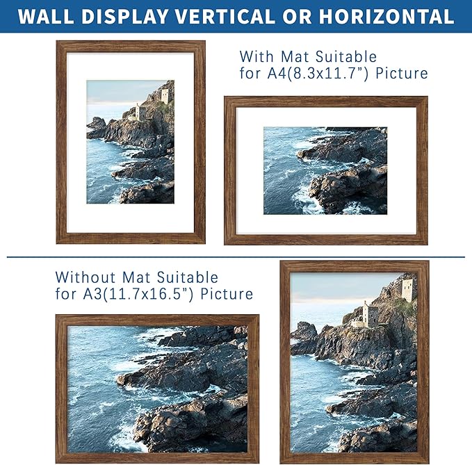 A3 Frame Set of 2, Rustic Brown Wood Style - Display Pictures A4 with Mat or 11.7x16.5 without Mat, Wall Mounting Horizontal and Vertical
