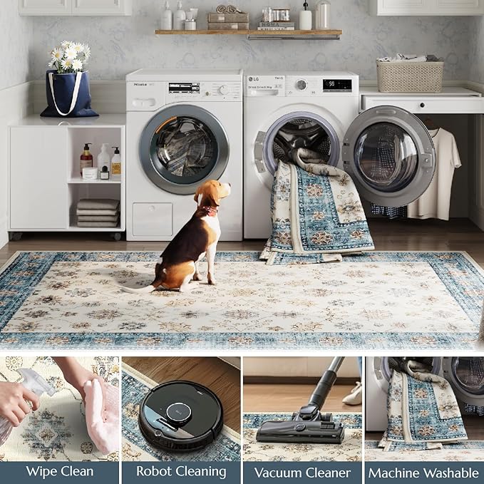 jinchan Area Rug 2x3 Washable Vintage Floral Rug Indoor Entryway Non-Slip Door Mats Soft Carpet for Living Room Bedroom Bathroom Home Office Blue