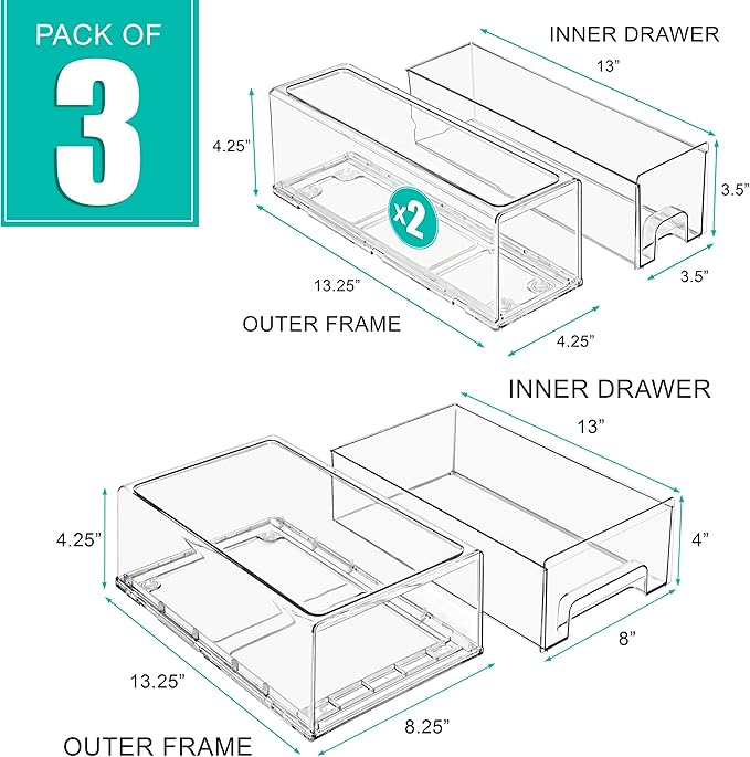 Sorbus 1 Medium & 2 Small Clear Stackable Storage Drawers – Plastic Organizer Bins with Handles – Stackable Pull-Out Storage Drawers for Closet, Pantry, Office, Bathroom, Craft, and Toy Organization