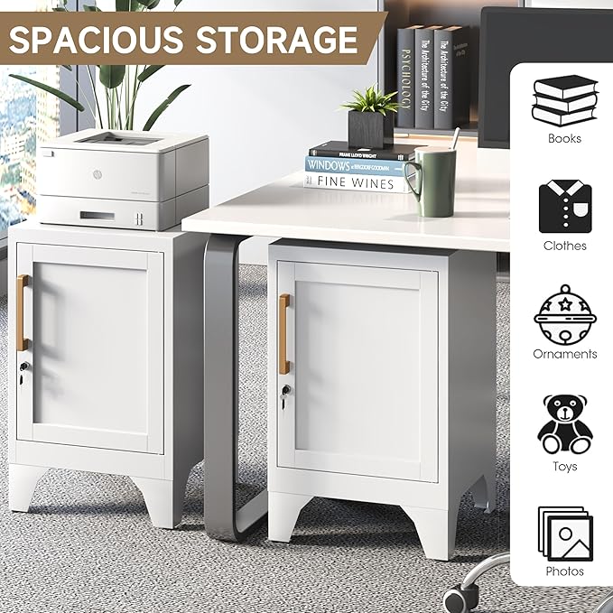 Metal NightStand Storage Cabinets with Lock and Adjustable Shelf,Metal Lockable End Table,Small Side Table,Bedside Table for Home, Office,Living Room,Garage, School(Assembly Required/White)