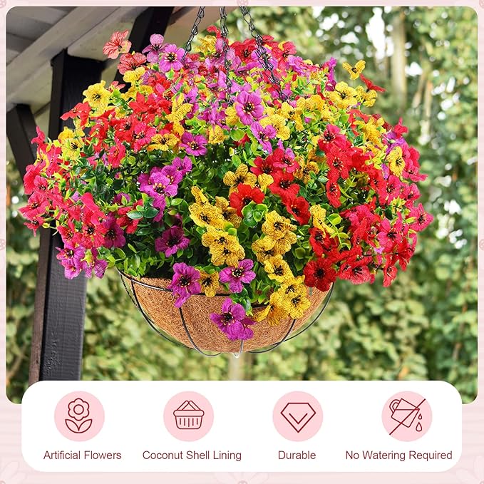 Lyrow 2 Pcs Artificial Hanging Flowers with Fake Basket Outdoor Realistic Hanging Plants with 12 Inch Coconut Lining Basket for Patio Lawn Garden Porch Decor (Mix)