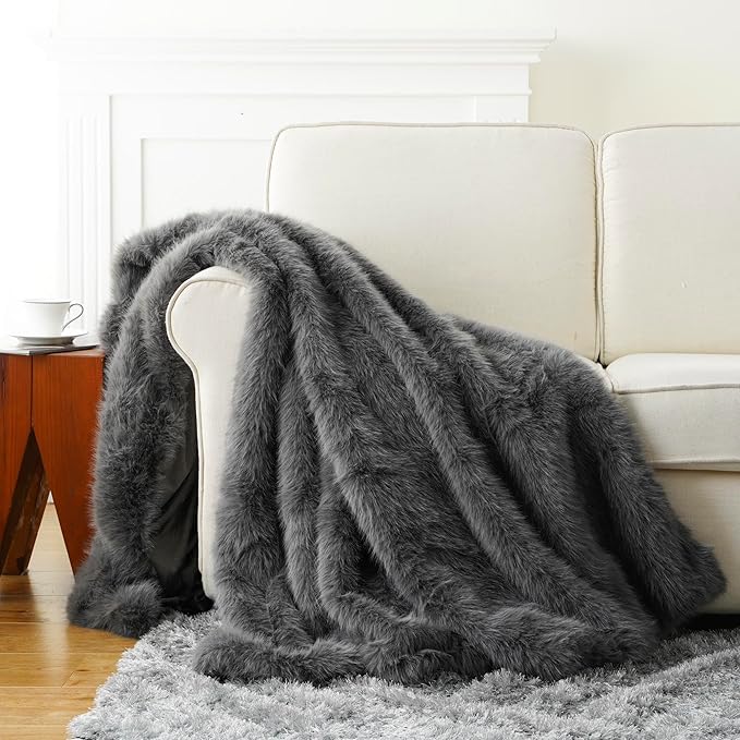 BATTILO HOME Luxury Fluffy Grey Faux Fur Throw Blanket, Cozy Warm Fur Blanket for Couch, Sofa, Chair, Bed, Plush Fuzzy Fur Throws with Long Pile, 60"x80"