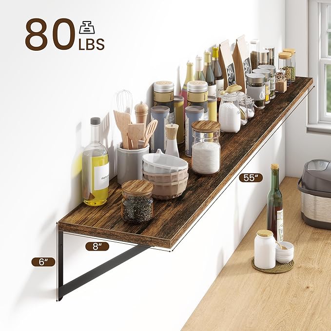 Fun Memories Deep Floating Shelves for Wall, 55W x 8D Wall Mounted Shelves Set of 2, Wide Display Ledge Shelf with Sturdy Metal Brackets for Living Room, Bathroom, Bedroom and Kitchen, Rustic Brown