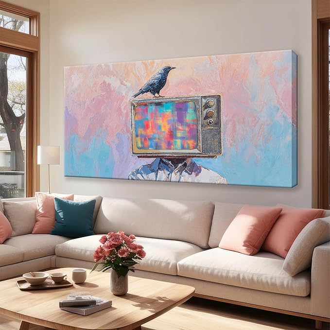 Abstract Wall Art Decor Modern Crow And Tv Head Art Prints Ready To Hang Room Wall Decor Canvas Wall Art For Living Room Bedroom Office Kitchen 24x48 Inch