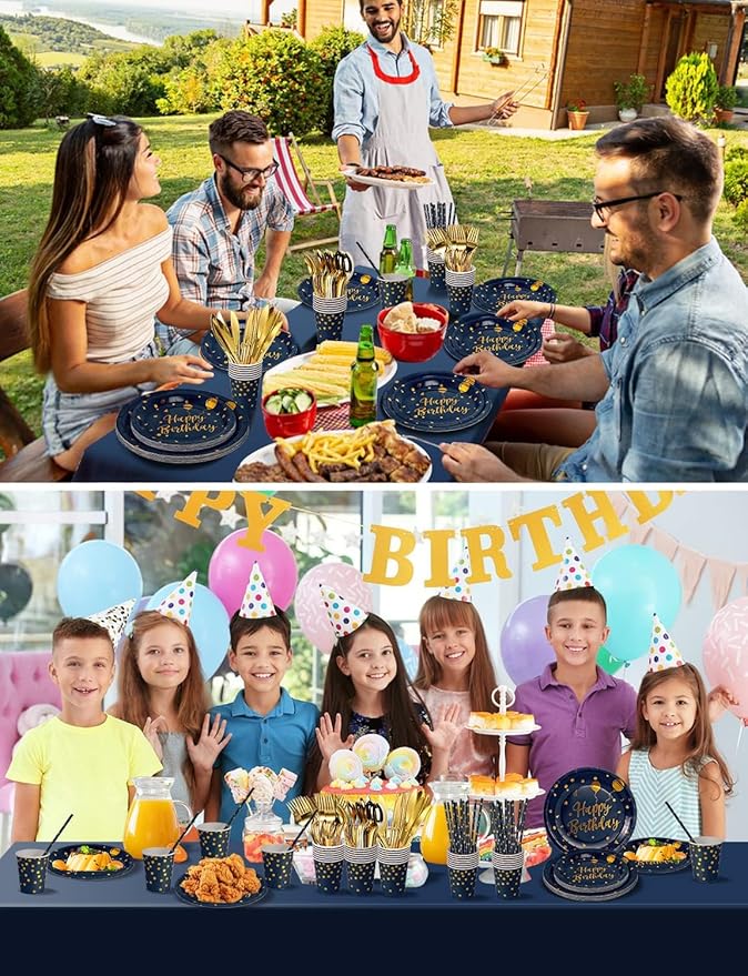 Birthday Party Tableware, 161 Pieces Navy Blue Gold Party Supplies, Party Dinnerware Sets Include Paper Plates Napkins Cups Silverware, for Shower Engagement Parties Decoration -20 Serves