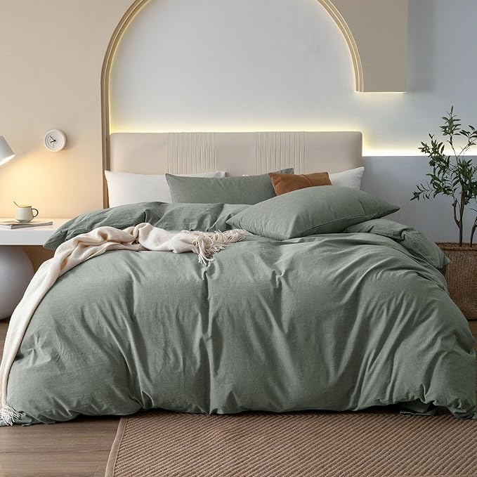 JIYUAN 100% Washed Cotton Duvet Cover Set 3 Pieces Cal King, 1 Duvet Cover 104x98 Inches(Comforter Not Included) and 2 Pillowcases,Linen Feel Bedding Set Comfy and Breathable, Heathered Green