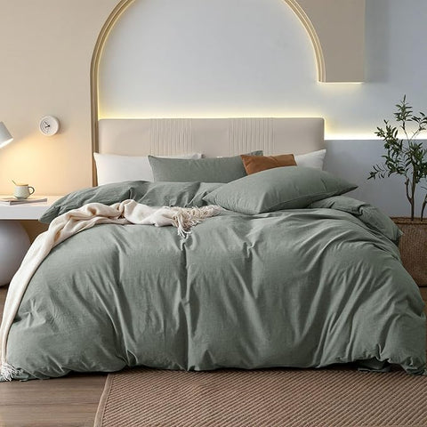 JIYUAN 100% Washed Cotton Duvet Cover Set 3 Pieces Cal King, 1 Duvet Cover 104x98 Inches(Comforter Not Included) and 2 Pillowcases,Linen Feel Bedding Set Comfy and Breathable, Heathered Green