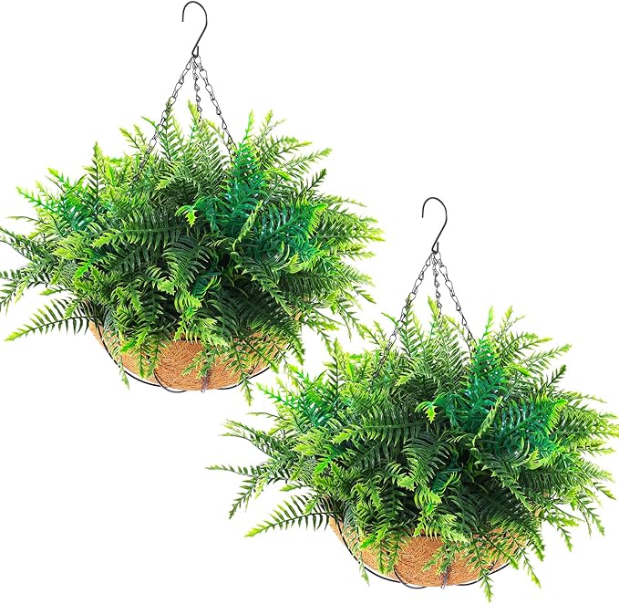 Hananona 2 Set Artificial Hanging Plants Outdoor Fake Hanging Ferns Planter, UV Resistant Faux Fern Plant Basket for Outdoors Patio Garden Home Decor (2, Green)