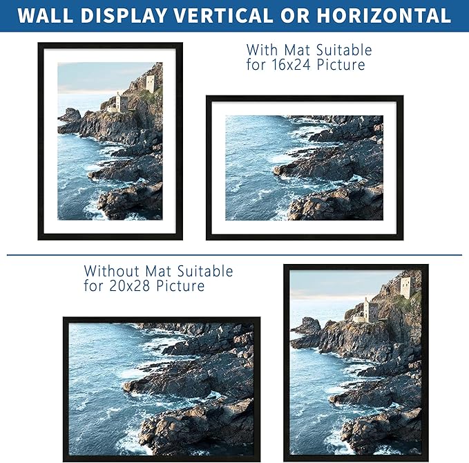 20x28 Picture Frame Set of 2, Rustic Black Wood Style - Display 16x24 Picture with Mat or 20 x 28 Poster without Mat, Wall Mounting Horizontal and Vertical