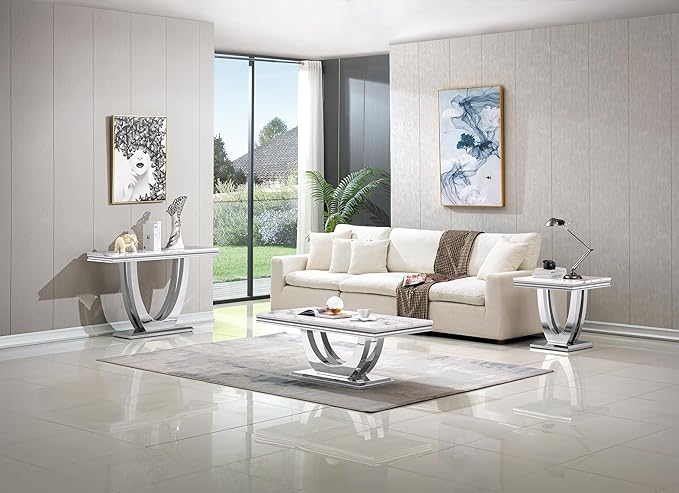 Modern Marble Coffee Table with Stainless Steel Pedestal, 47" Luxury Silver Coffee Table for Living Room, Unique Faux Marble Cocktail Table Rectangle Funky Coffee Center Tables for Living Room