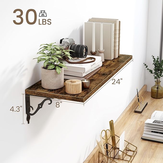 Floating Shelves for Wall, 24"W x 8"D Wall Shelves, 8 Inch Deep Floating Shelf with Bracket, 24 Inch Floating Shelves for Living Room and Bathroom, Display & Storage Shelves, Rustic Brown, Set of 2