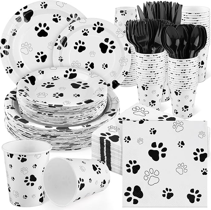 400 Pieces Black Paw Disposable Party Tableware Sets Dog Puppy Supplies Including Plates Cups Napkins Cutlery Serves 50 for Birthday Puppy Theme Party Decorations