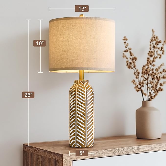 BOBOMOMO 26" Farmhouse Table Lamps Set of 2 - Vintage Leaf Design, Rustic Resin Nightstand Lamps for Bedroom, Living Room, Nursery, Hallway, Elegant Living Room Lamps with Linen Shades Antique Brown