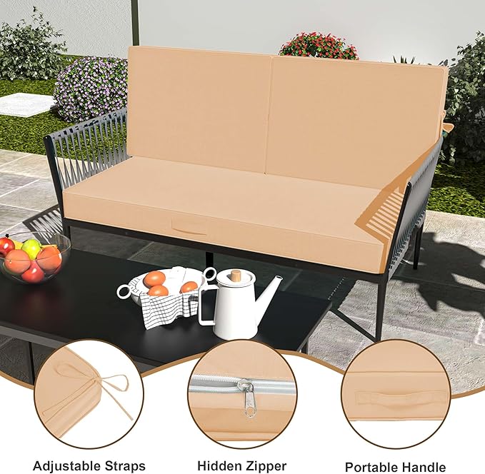 Outdoor Loveseat Cushion Set 46 x 26 Inch, Waterproof & Fade-Resistant Deep Seat Patio Cushions with Removable Cover, Ties & Hidden Zipper, Patio Love Seat Sofa Cushions for Sofa Bench Couch,Beige