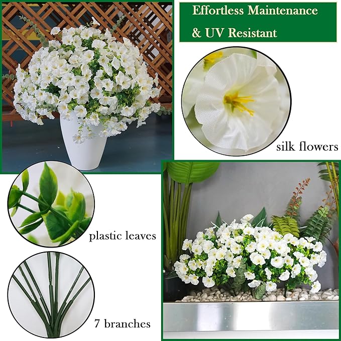 26PCS White Faux Flowers for Outdoor Planters Artificial Flowers for Outdoors Morning Glory Fake Outdoor Flowers UV Resistant for Porch Terrace Yard