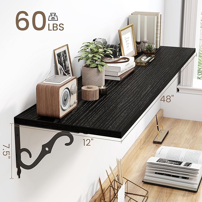 Fun Memories Large Floating Shelves for Wall 48 Inches Long, 12 Inch Deep Shelves with Metal Bracket, 48 Inch Floating Shelves Wall-Mounted, Wide Display & Storage Bookshelves, Black, Set of 2
