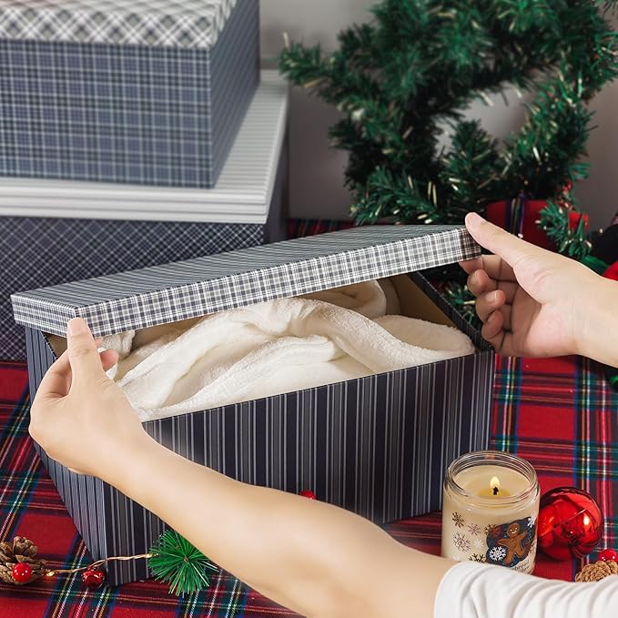 Soul & Lane Classic Plaid Christmas Blue Gift Boxes - Set of 3 - Holiday Decor Checkered Cardboard Storage Box, Decorative Keepsake Boxes with Lids for Presents, Clothing, Decoration