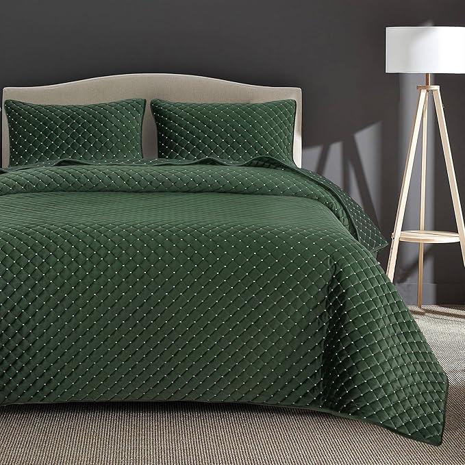 Reversible Velvet Quilt King Size, Luxury Bedspread Quilted Bedding Set, Luxurious Soft Coverlet Set Lightweight Stitching Comforter with Pillow Shams, Dark Green